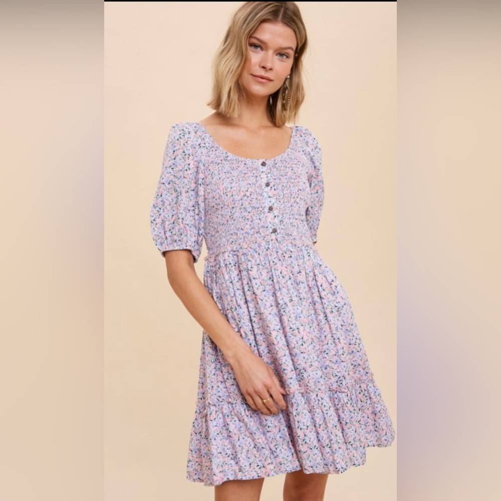 Apala Pink Lavender Ditzy Print Smocked Mini Dress